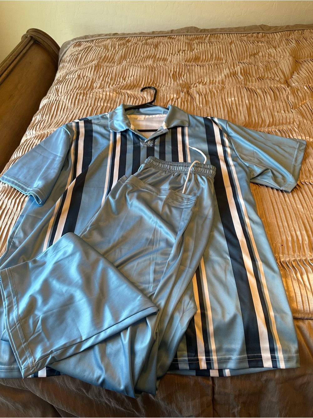 Men's Light Blue Striped Pant Set- Short Sleeve Top & Pants